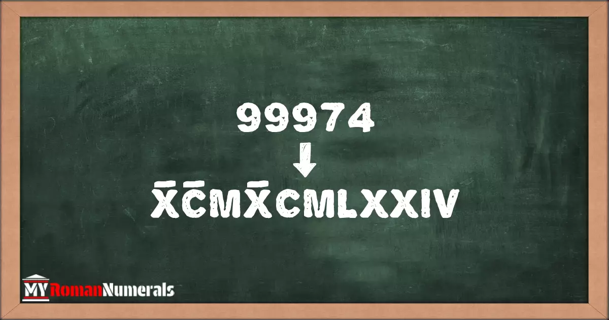 99974 = X̅C̅MX̅CMLXXIV written on a blackboard, demonstrating Roman numeral conversion for 99974.