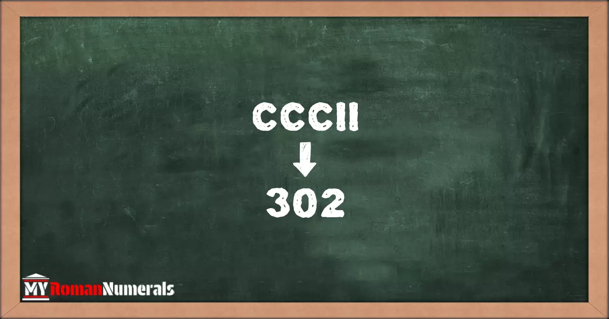 CCCII = 302 written on a blackboard, demonstrating the conversion of the Roman numeral CCCII to the Hindu Arabic numeral 302.