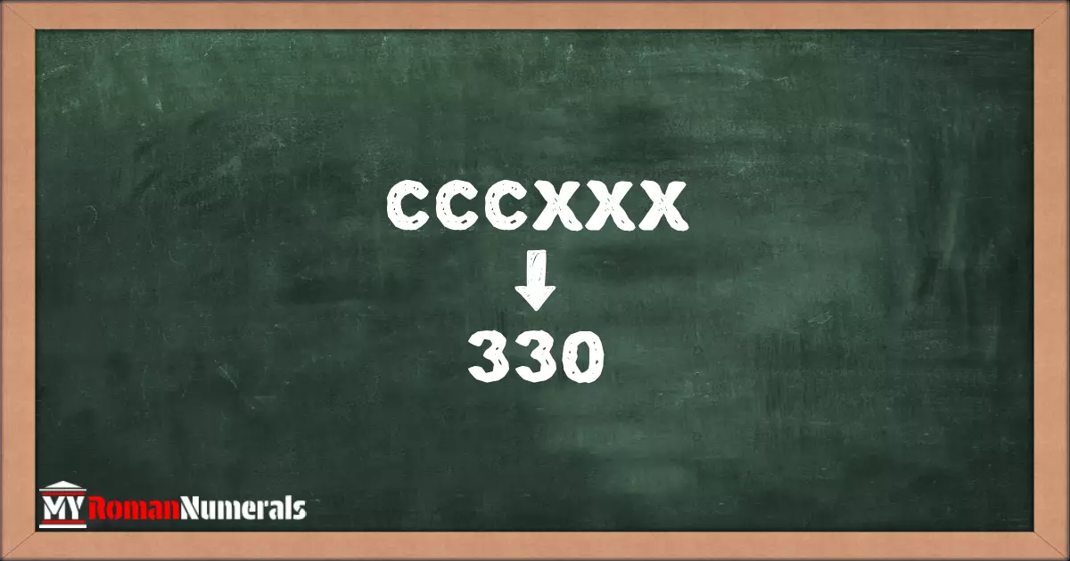CCCXXX = 330 written on a blackboard, demonstrating the conversion of the Roman numeral CCCXXX to the Hindu Arabic numeral 330.