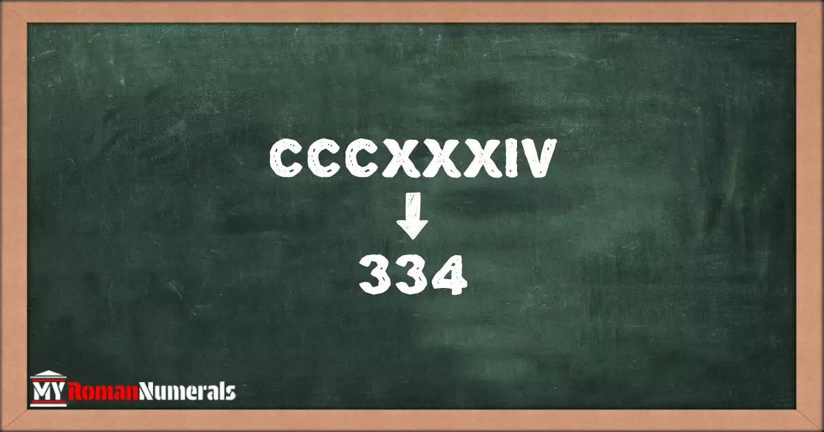 CCCXXXIV = 334 written on a blackboard, demonstrating the conversion of the Roman numeral CCCXXXIV to the Hindu Arabic numeral 334.