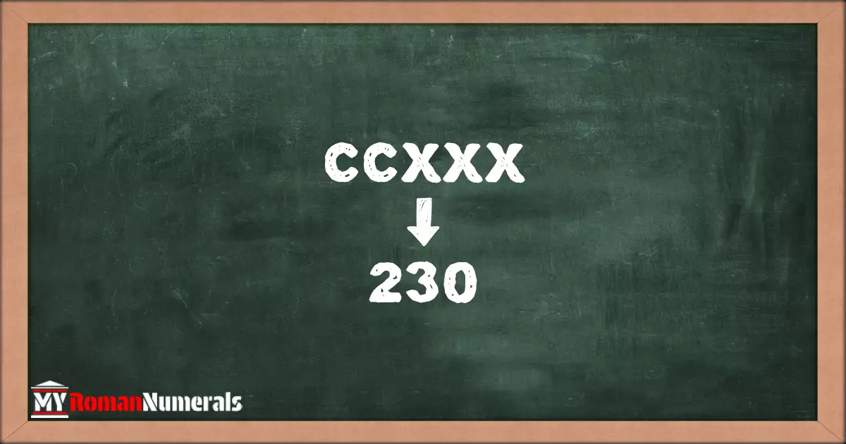 CCXXX = 230 written on a blackboard, demonstrating the conversion of the Roman numeral CCXXX to the Hindu Arabic numeral 230.