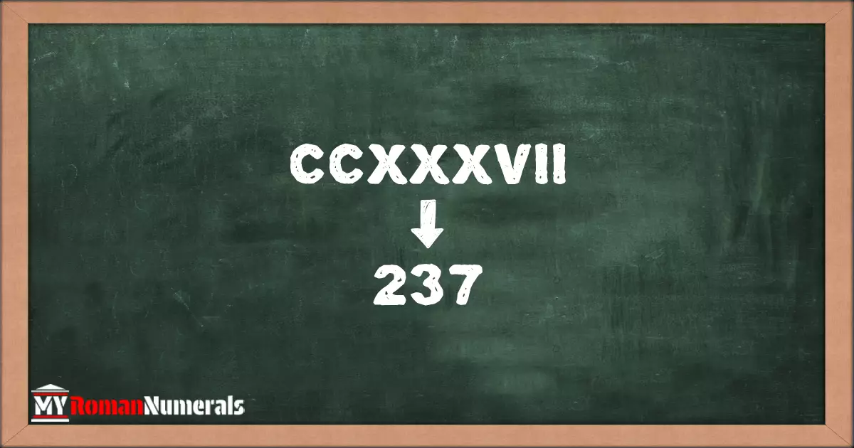 CCXXXVII = 237 written on a blackboard, demonstrating the conversion of the Roman numeral CCXXXVII to the Hindu Arabic numeral 237.