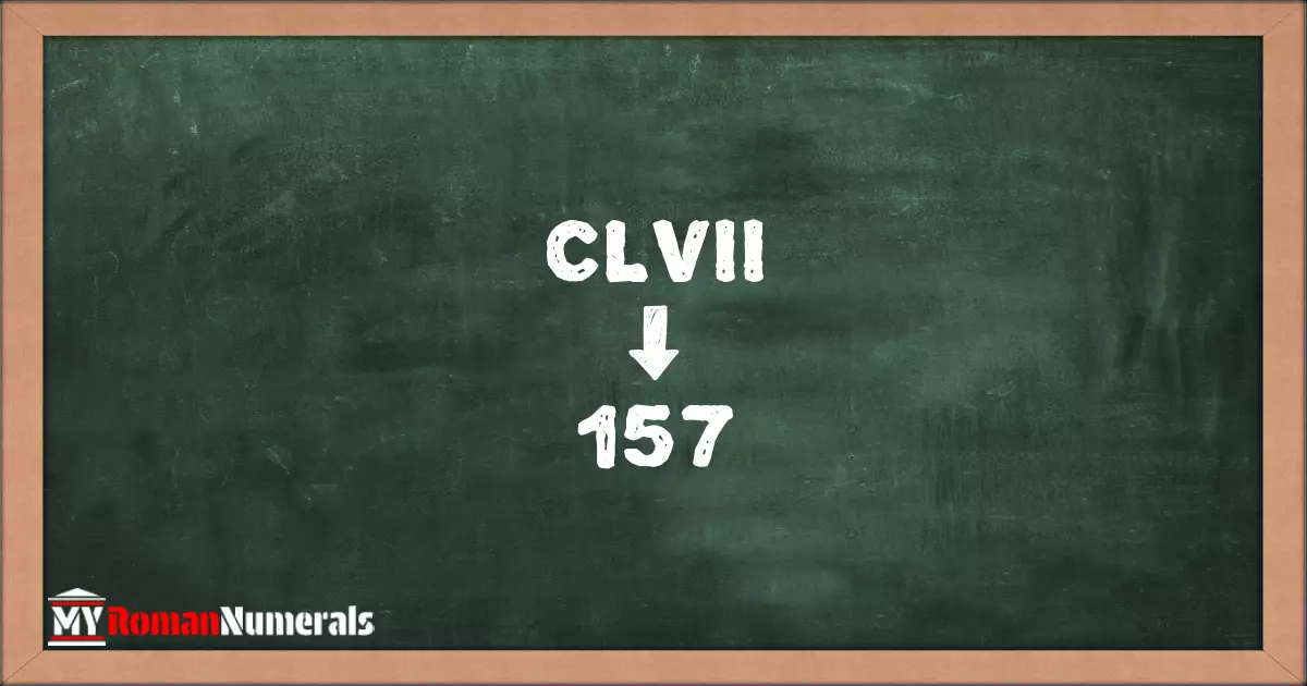 CLVII = 157 written on a blackboard, demonstrating the conversion of the Roman numeral CLVII to the Hindu Arabic numeral 157.