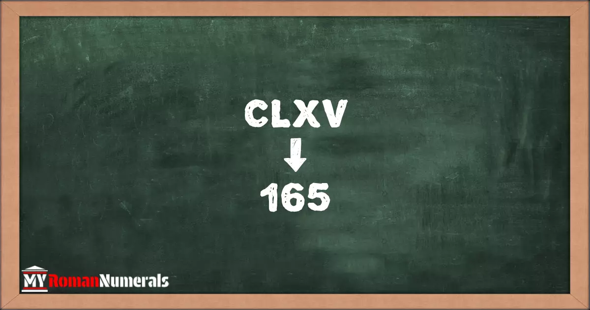 CLXV = 165 written on a blackboard, demonstrating the conversion of the Roman numeral CLXV to the Hindu Arabic numeral 165.