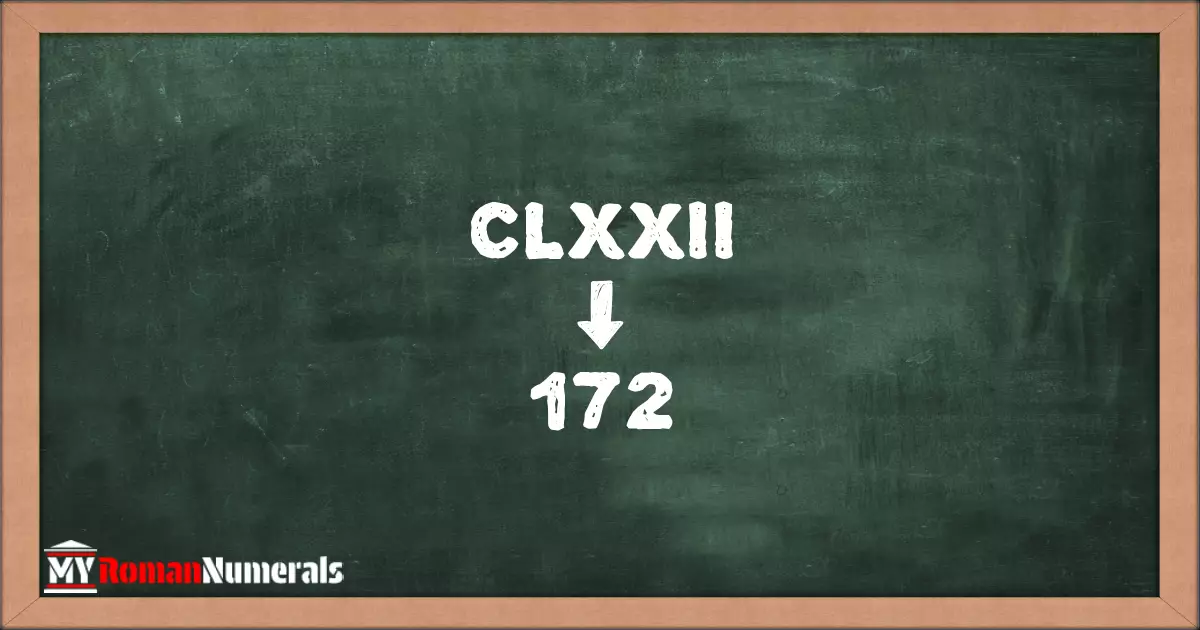 CLXXII = 172 written on a blackboard, demonstrating the conversion of the Roman numeral CLXXII to the Hindu Arabic numeral 172.
