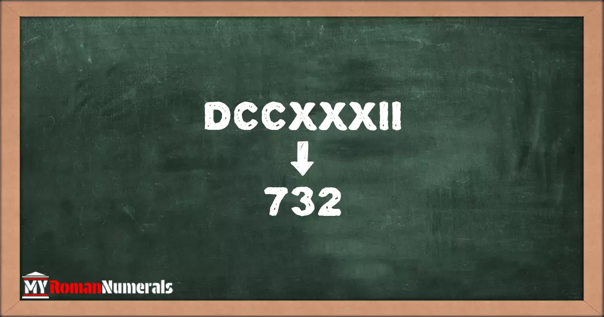 DCCXXXII = 732 written on a blackboard, demonstrating the conversion of the Roman numeral DCCXXXII to the Hindu Arabic numeral 732.
