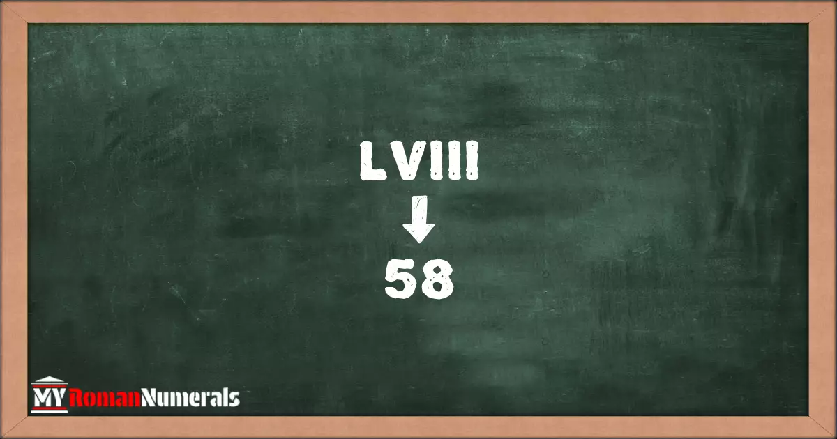 LVIII = 58 written on a blackboard, demonstrating the conversion of the Roman numeral LVIII to the Hindu Arabic numeral 58.