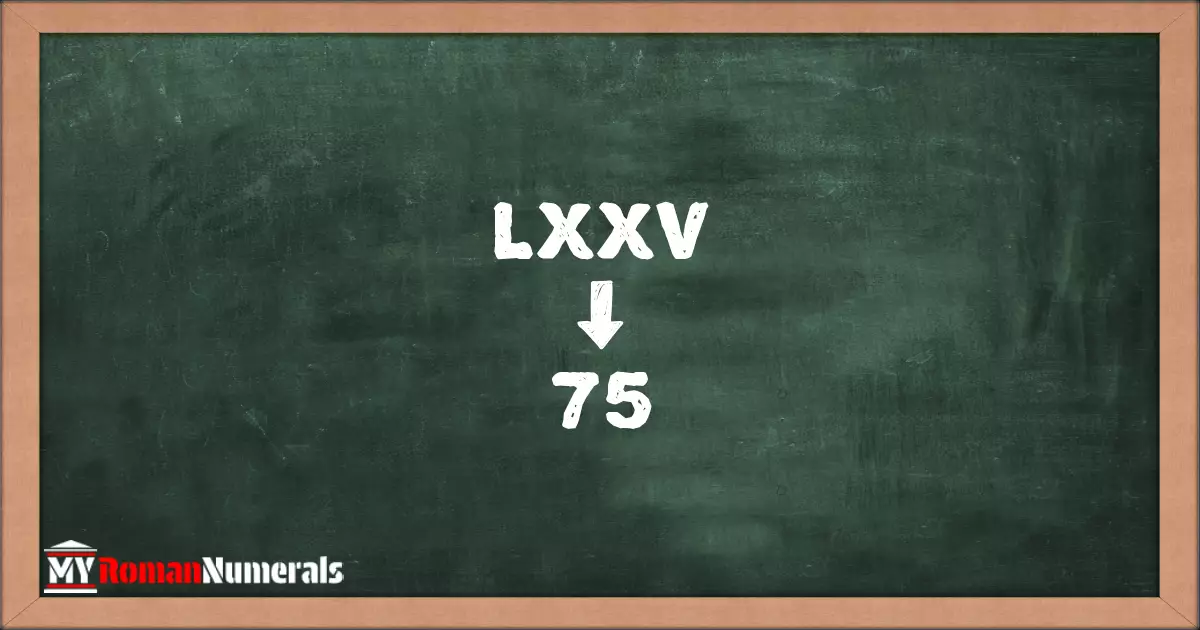 LXXV = 75 written on a blackboard, demonstrating the conversion of the Roman numeral LXXV to the Hindu Arabic numeral 75.