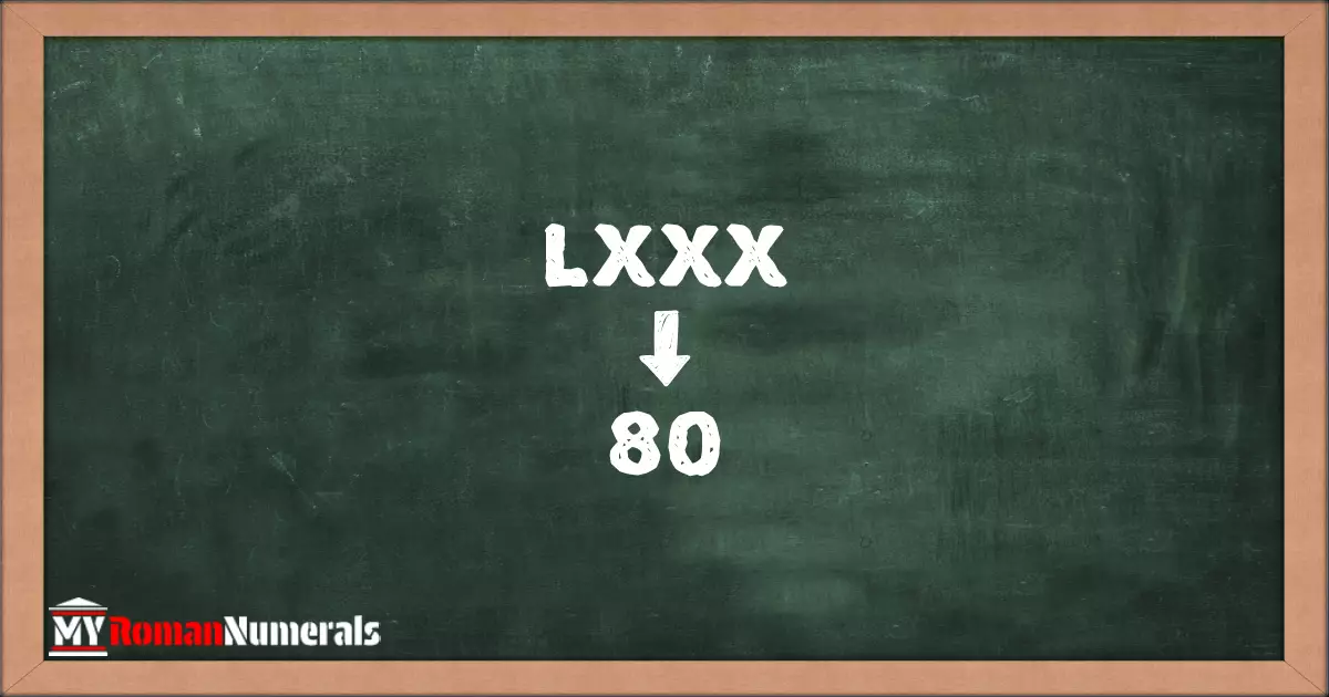 LXXX = 80 written on a blackboard, demonstrating the conversion of the Roman numeral LXXX to the Hindu Arabic numeral 80.
