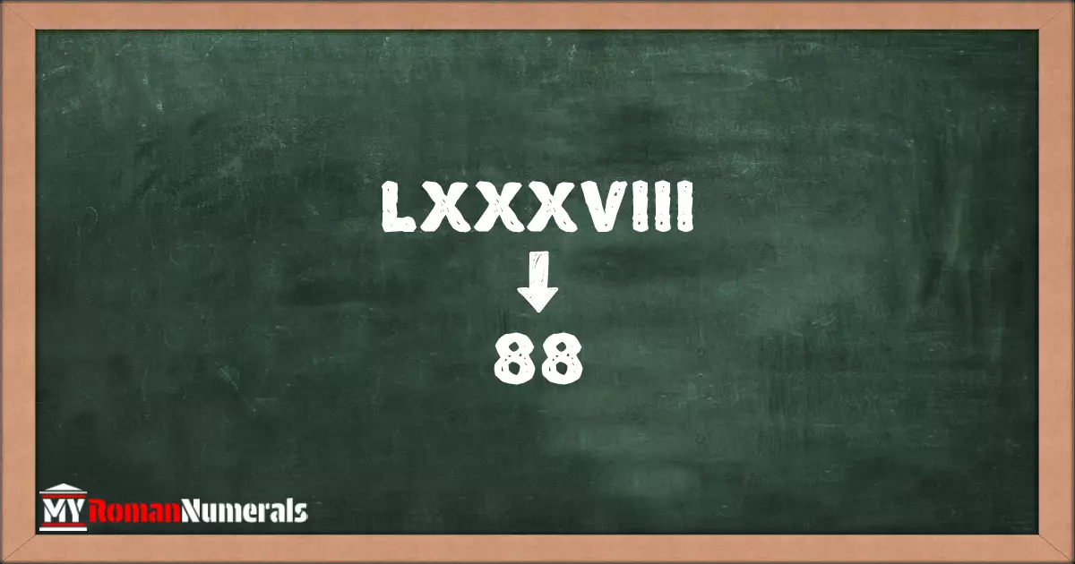 LXXXVIII = 88 written on a blackboard, demonstrating the conversion of the Roman numeral LXXXVIII to the Hindu Arabic numeral 88.