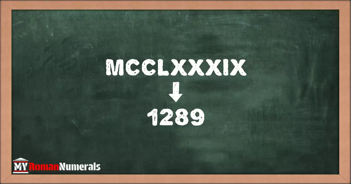 MCCLXXXIX = 1289 written on a blackboard, demonstrating the conversion of the Roman numeral MCCLXXXIX to the Hindu Arabic numeral 1289.