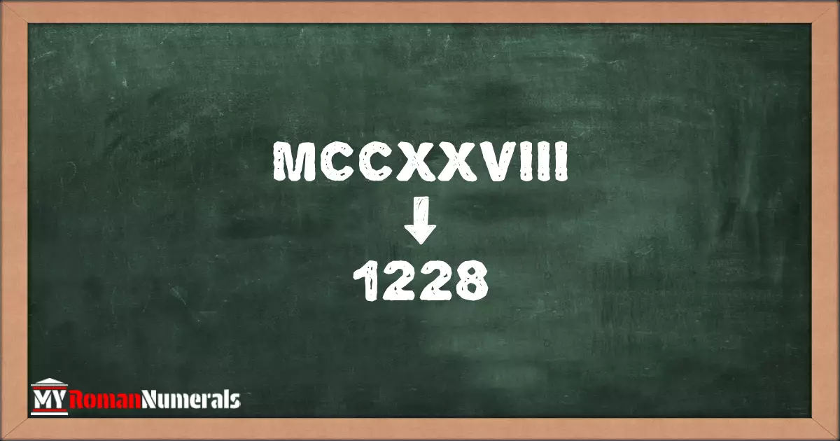 MCCXXVIII = 1228 written on a blackboard, demonstrating the conversion of the Roman numeral MCCXXVIII to the Hindu Arabic numeral 1228.