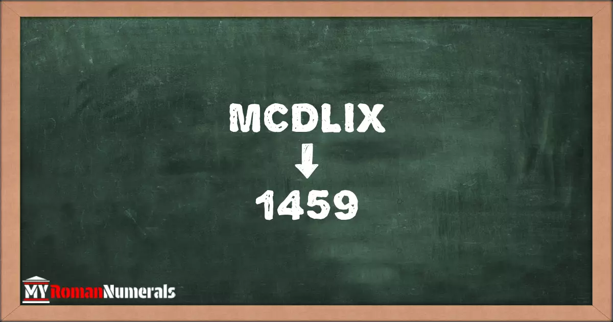 MCDLIX = 1459 written on a blackboard, demonstrating the conversion of the Roman numeral MCDLIX to the Hindu Arabic numeral 1459.