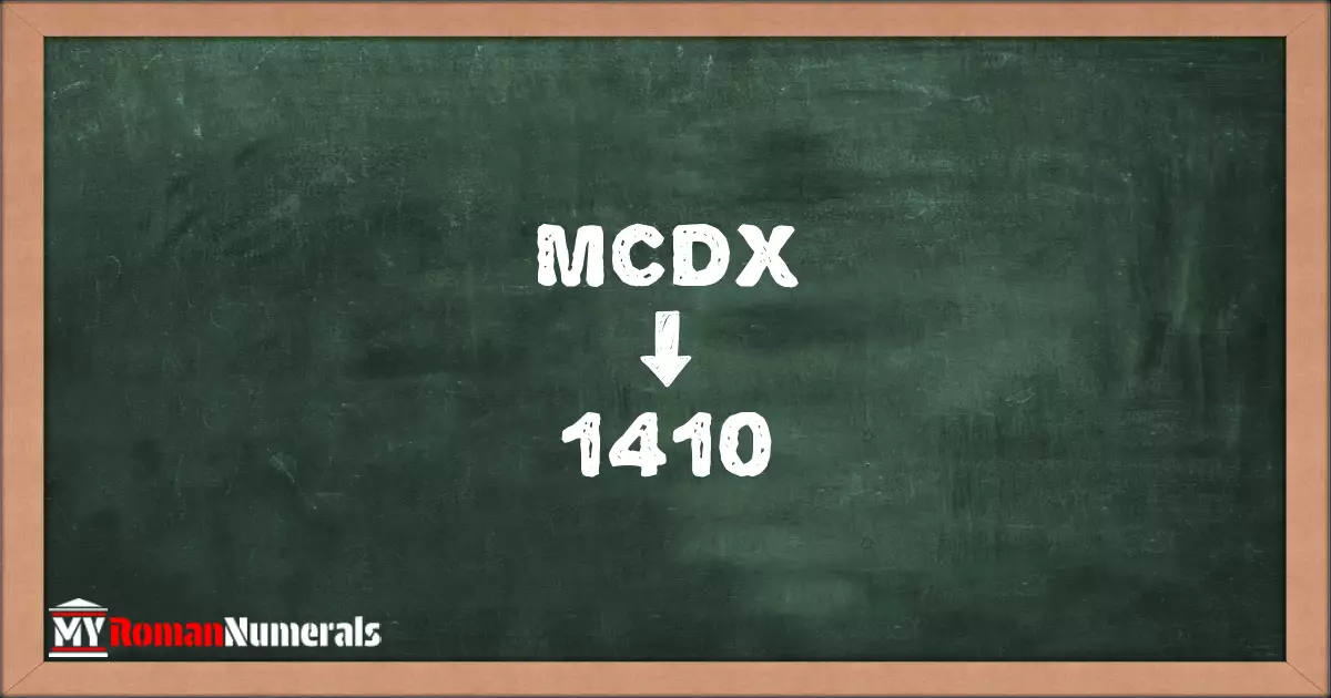 MCDX = 1410 written on a blackboard, demonstrating the conversion of the Roman numeral MCDX to the Hindu Arabic numeral 1410.