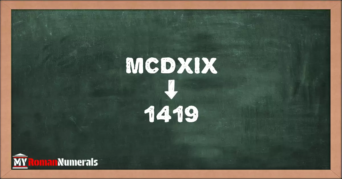 MCDXIX = 1419 written on a blackboard, demonstrating the conversion of the Roman numeral MCDXIX to the Hindu Arabic numeral 1419.