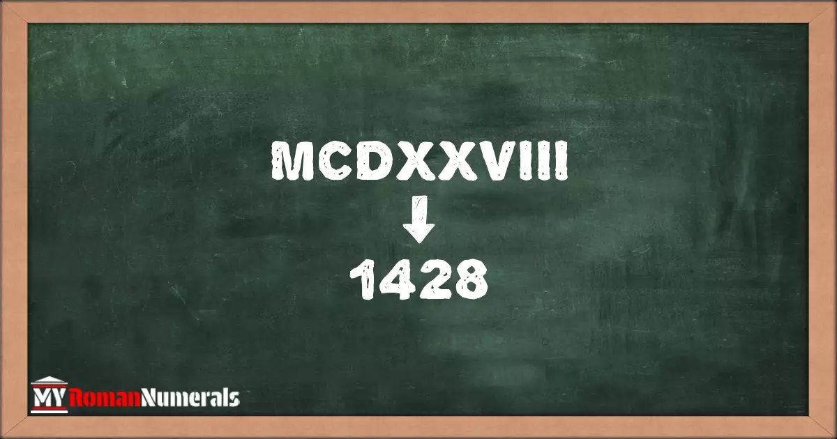 MCDXXVIII = 1428 written on a blackboard, demonstrating the conversion of the Roman numeral MCDXXVIII to the Hindu Arabic numeral 1428.