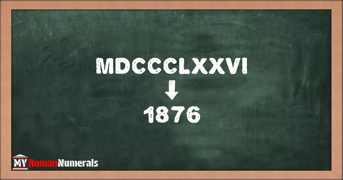 MDCCCLXXVI = 1876 written on a blackboard, demonstrating the conversion of the Roman numeral MDCCCLXXVI to the Hindu Arabic numeral 1876.