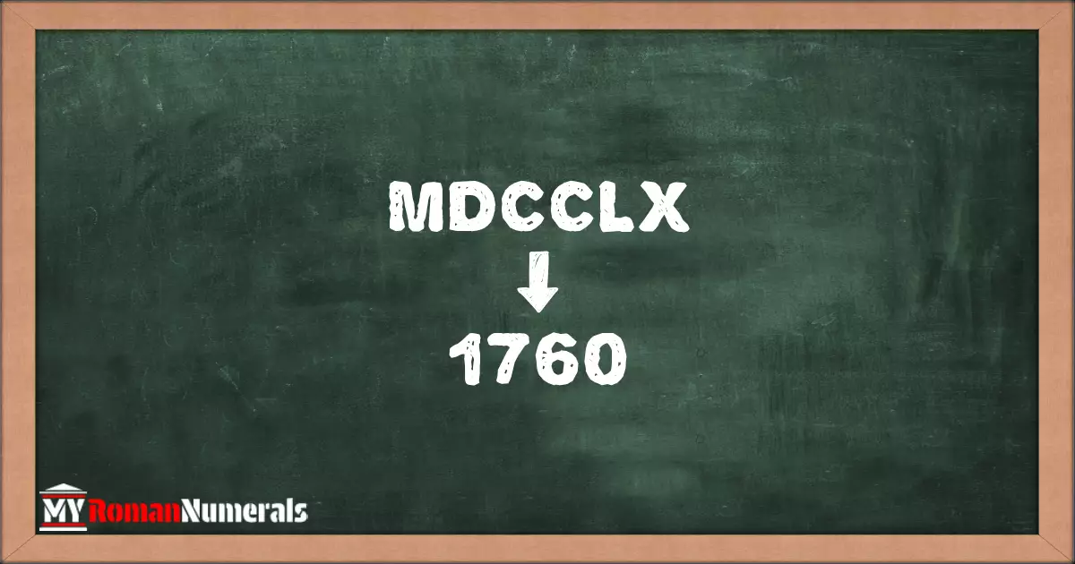 MDCCLX = 1760 written on a blackboard, demonstrating the conversion of the Roman numeral MDCCLX to the Hindu Arabic numeral 1760.