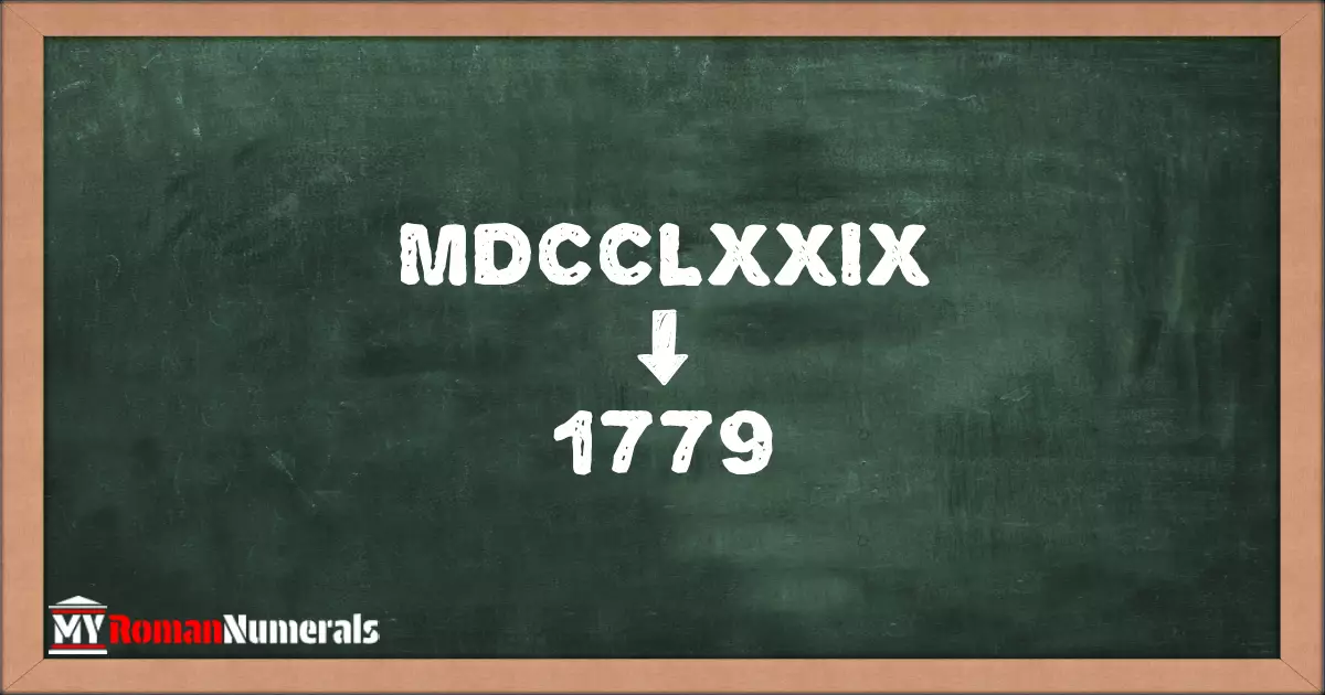 MDCCLXXIX = 1779 written on a blackboard, demonstrating the conversion of the Roman numeral MDCCLXXIX to the Hindu Arabic numeral 1779.