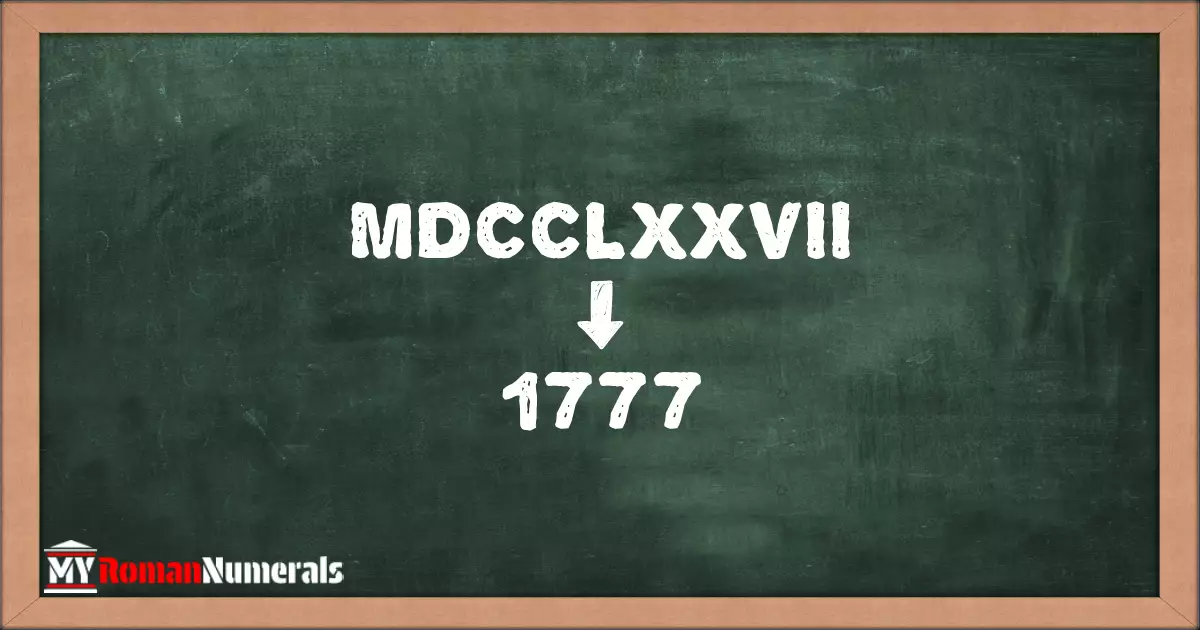 MDCCLXXVII = 1777 written on a blackboard, demonstrating the conversion of the Roman numeral MDCCLXXVII to the Hindu Arabic numeral 1777.