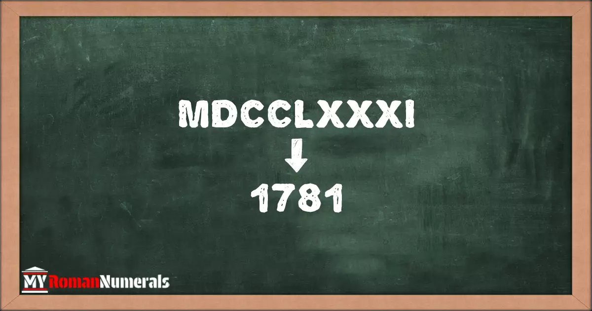 MDCCLXXXI = 1781 written on a blackboard, demonstrating the conversion of the Roman numeral MDCCLXXXI to the Hindu Arabic numeral 1781.