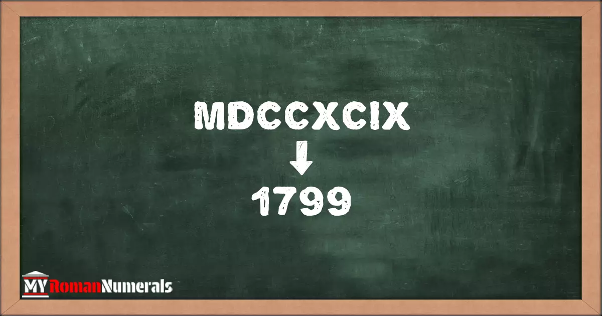 MDCCXCIX = 1799 written on a blackboard, demonstrating the conversion of the Roman numeral MDCCXCIX to the Hindu Arabic numeral 1799.