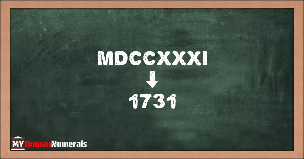 MDCCXXXI = 1731 written on a blackboard, demonstrating the conversion of the Roman numeral MDCCXXXI to the Hindu Arabic numeral 1731.