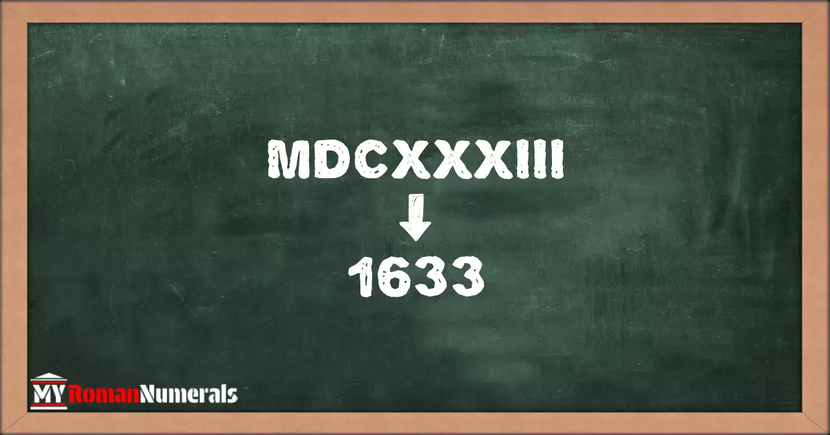 MDCXXXIII = 1633 written on a blackboard, demonstrating the conversion of the Roman numeral MDCXXXIII to the Hindu Arabic numeral 1633.