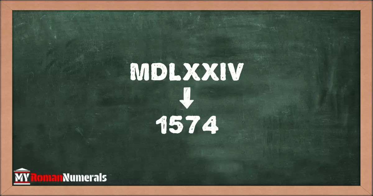 MDLXXIV = 1574 written on a blackboard, demonstrating the conversion of the Roman numeral MDLXXIV to the Hindu Arabic numeral 1574.