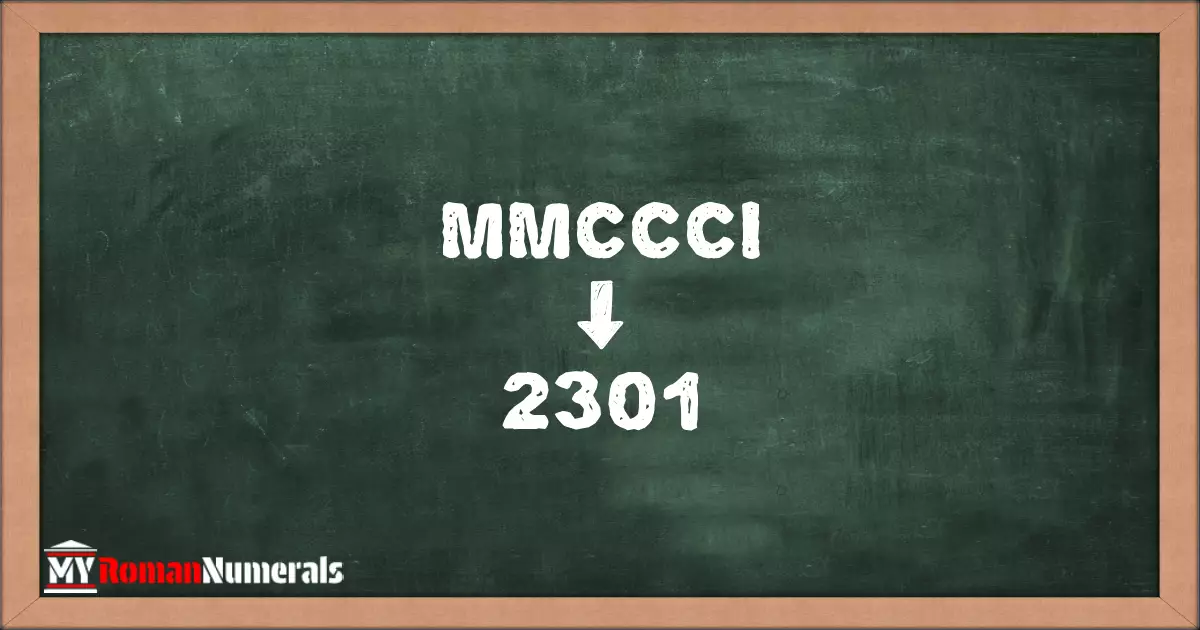 MMCCCI = 2301 written on a blackboard, demonstrating the conversion of the Roman numeral MMCCCI to the Hindu Arabic numeral 2301.