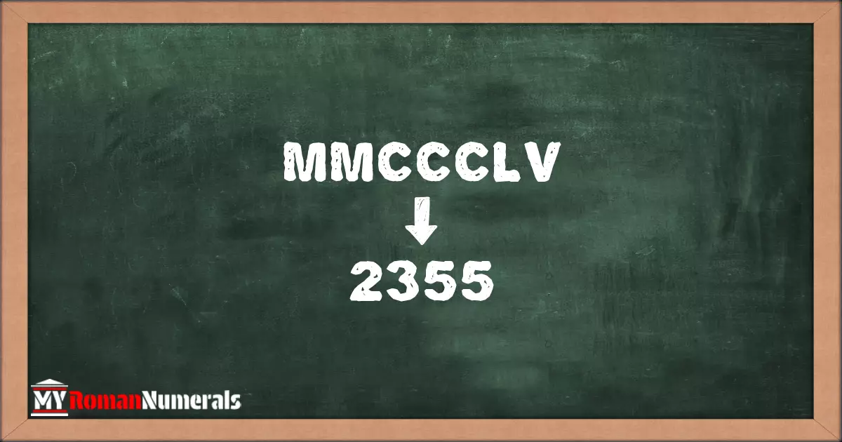 MMCCCLV = 2355 written on a blackboard, demonstrating the conversion of the Roman numeral MMCCCLV to the Hindu Arabic numeral 2355.
