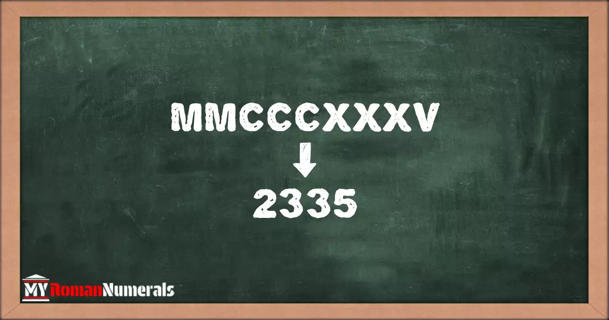 MMCCCXXXV = 2335 written on a blackboard, demonstrating the conversion of the Roman numeral MMCCCXXXV to the Hindu Arabic numeral 2335.
