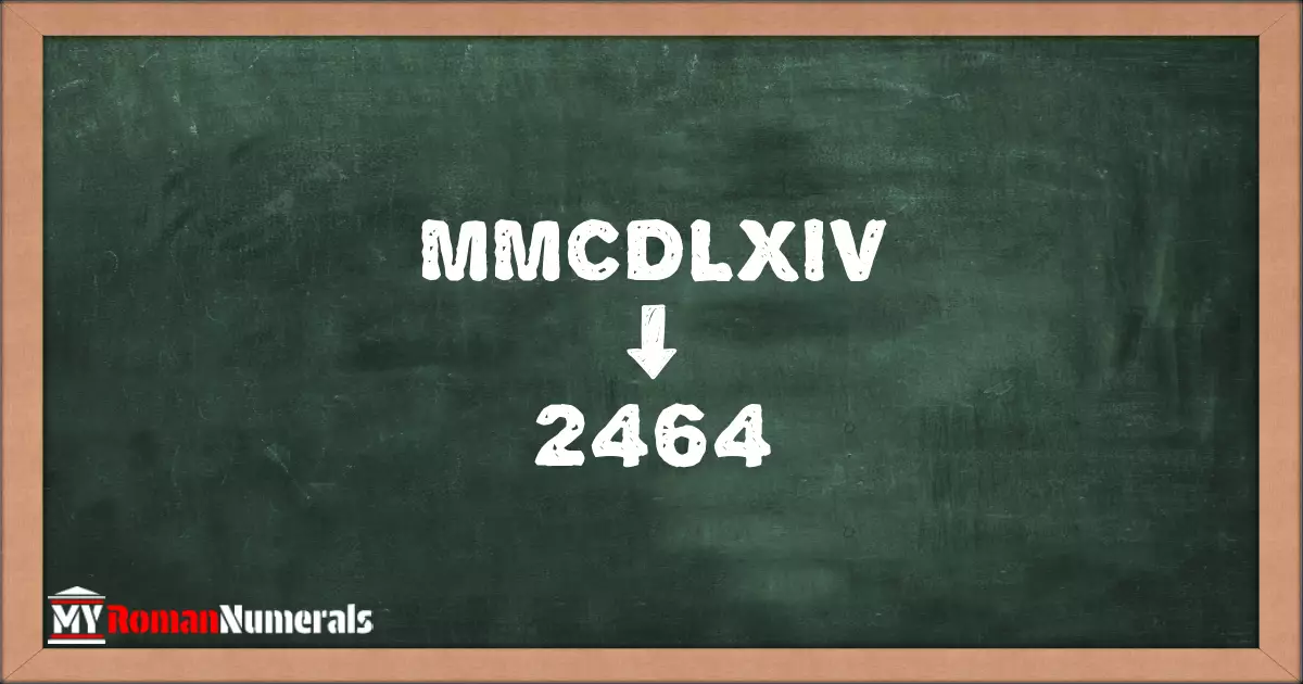 MMCDLXIV = 2464 written on a blackboard, demonstrating the conversion of the Roman numeral MMCDLXIV to the Hindu Arabic numeral 2464.