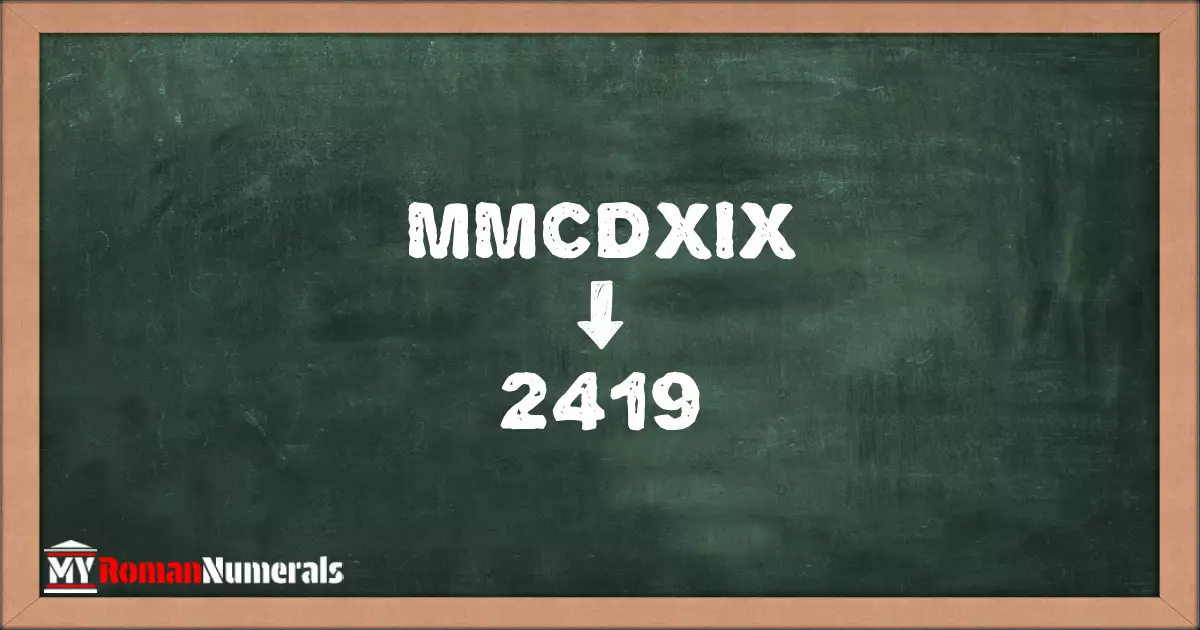 MMCDXIX = 2419 written on a blackboard, demonstrating the conversion of the Roman numeral MMCDXIX to the Hindu Arabic numeral 2419.