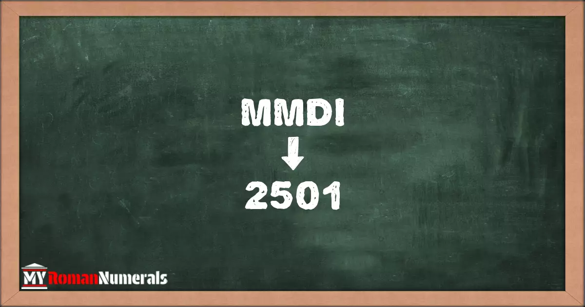 MMDI = 2501 written on a blackboard, demonstrating the conversion of the Roman numeral MMDI to the Hindu Arabic numeral 2501.