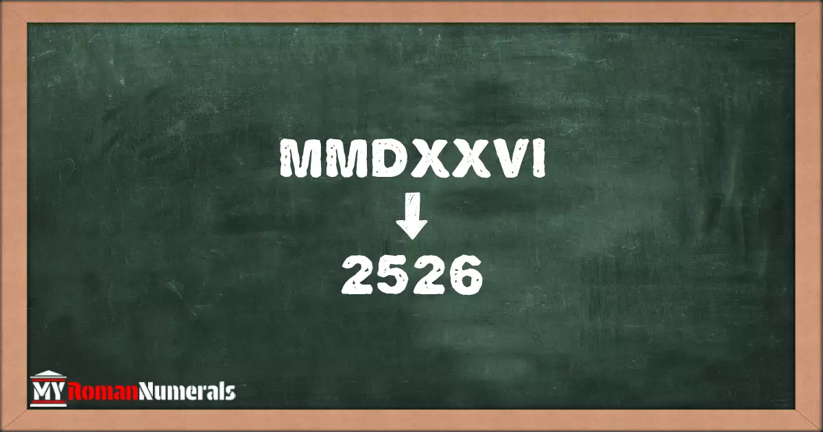 MMDXXVI = 2526 written on a blackboard, demonstrating the conversion of the Roman numeral MMDXXVI to the Hindu Arabic numeral 2526.