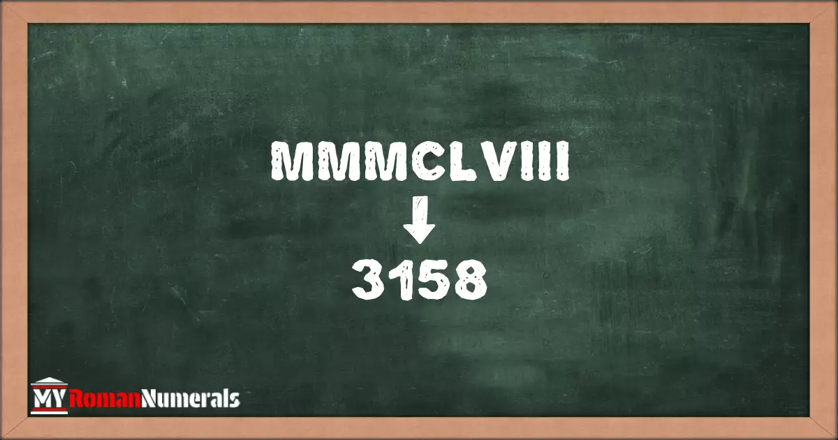 MMMCLVIII = 3158 written on a blackboard, demonstrating the conversion of the Roman numeral MMMCLVIII to the Hindu Arabic numeral 3158.