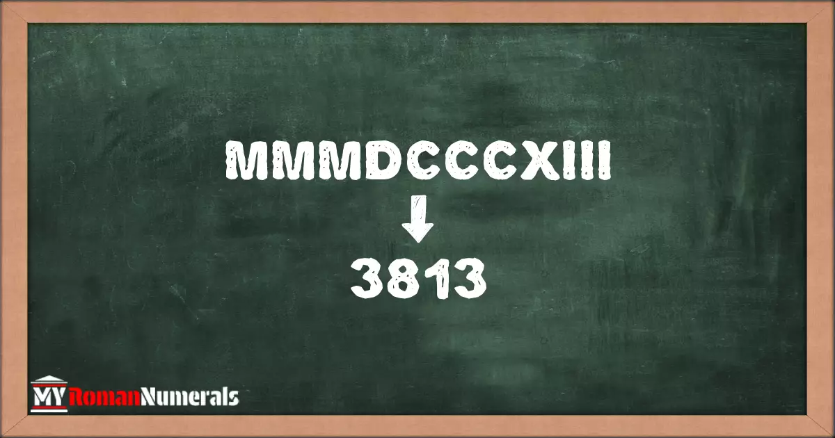 MMMDCCCXIII = 3813 written on a blackboard, demonstrating the conversion of the Roman numeral MMMDCCCXIII to the Hindu Arabic numeral 3813.