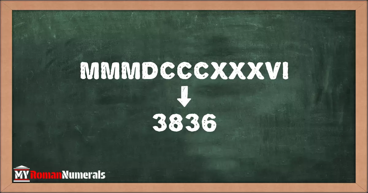 MMMDCCCXXXVI = 3836 written on a blackboard, demonstrating the conversion of the Roman numeral MMMDCCCXXXVI to the Hindu Arabic numeral 3836.