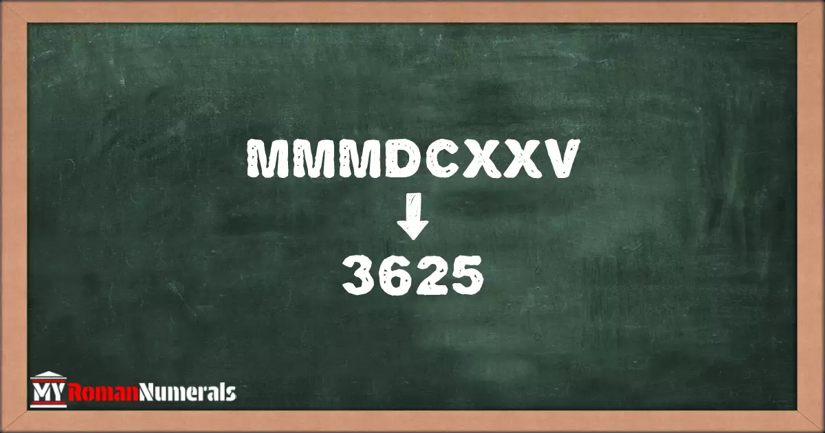 MMMDCXXV = 3625 written on a blackboard, demonstrating the conversion of the Roman numeral MMMDCXXV to the Hindu Arabic numeral 3625.