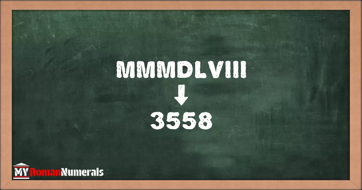 MMMDLVIII = 3558 written on a blackboard, demonstrating the conversion of the Roman numeral MMMDLVIII to the Hindu Arabic numeral 3558.