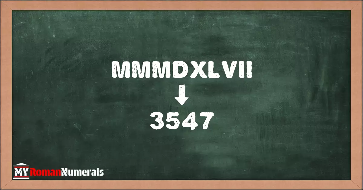 MMMDXLVII = 3547 written on a blackboard, demonstrating the conversion of the Roman numeral MMMDXLVII to the Hindu Arabic numeral 3547.