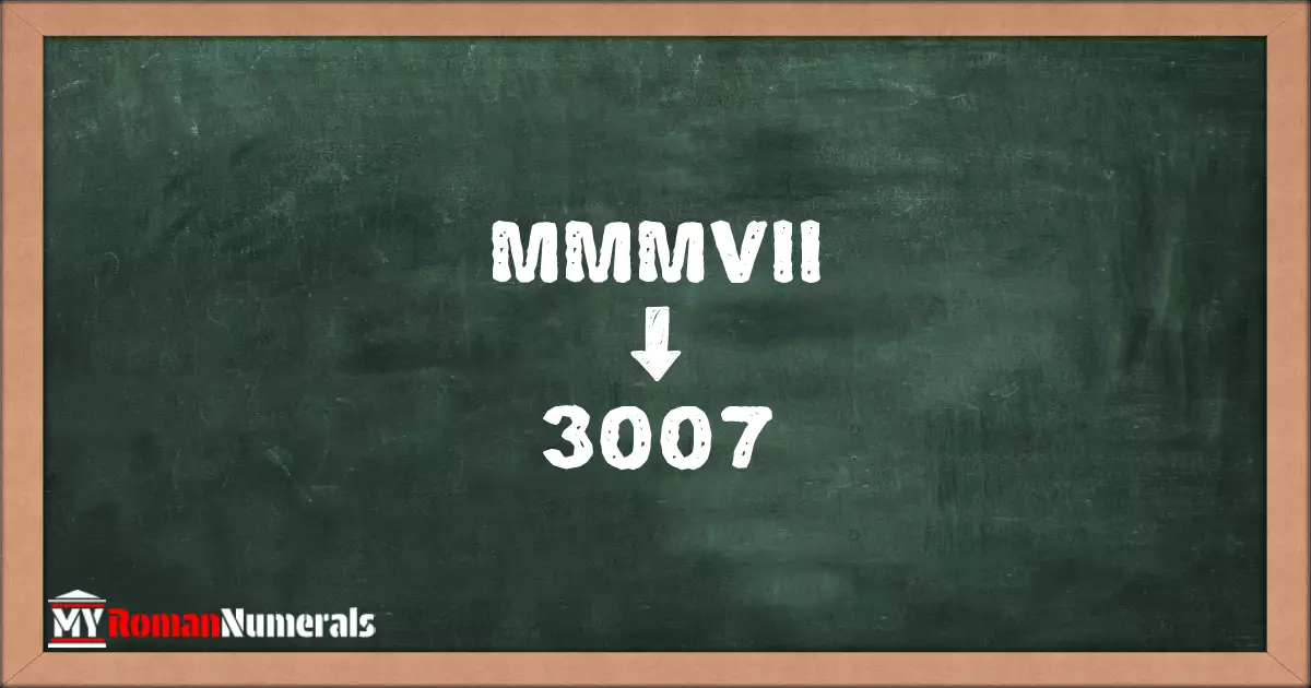 MMMVII = 3007 written on a blackboard, demonstrating the conversion of the Roman numeral MMMVII to the Hindu Arabic numeral 3007.