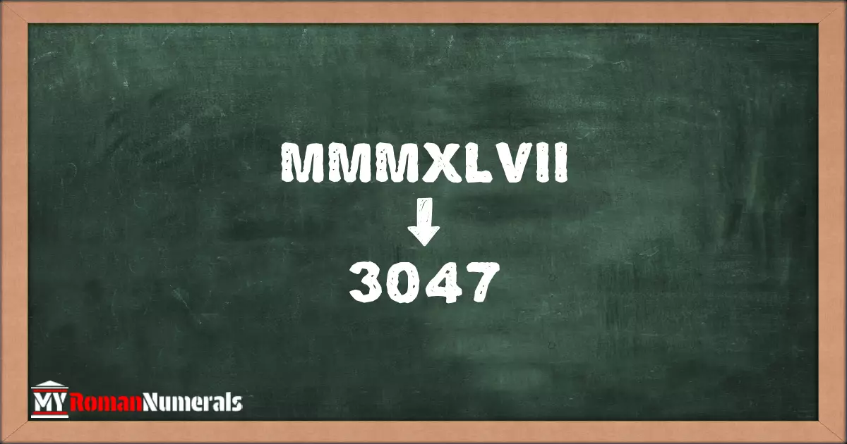 MMMXLVII = 3047 written on a blackboard, demonstrating the conversion of the Roman numeral MMMXLVII to the Hindu Arabic numeral 3047.